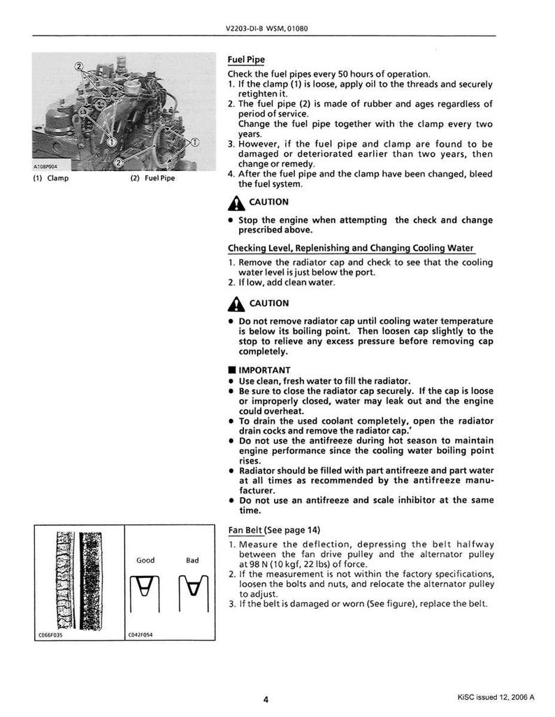 Puede incluir: Una p&aacute;gina de manual t&eacute;cnico con diagramas e instrucciones. La p&aacute;gina incluye un diagrama de un componente del motor etiquetado como "Fuel Pipe" y "Clamp". El texto detalla los procedimientos de mantenimiento, incluida la comprobaci&oacute;n y el cambio de los tubos de combustible y el agua de refrigeraci&oacute;n. Tambi&eacute;n incluye un diagrama de una correa de ventilador.