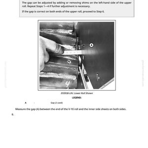 May include: Image showing a close-up of a mechanical component with a measurement being taken. The text reads "Measure the gap (A) between the end of the V-10 roll and the inner side sheets on both sides."