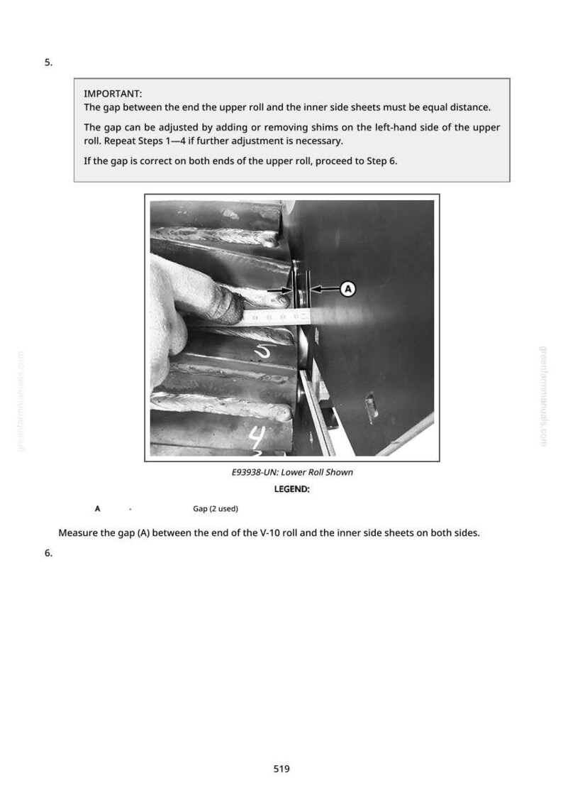 May include: Image showing a close-up of a mechanical component with a measurement being taken. The text reads "Measure the gap (A) between the end of the V-10 roll and the inner side sheets on both sides."