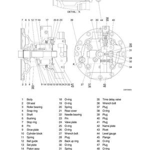 May include: Detailed diagram of a swing motor, labeled with various components. Includes parts like the body, oil seal, roller bearing, and spring. Features a detailed view with numbered parts and a key.