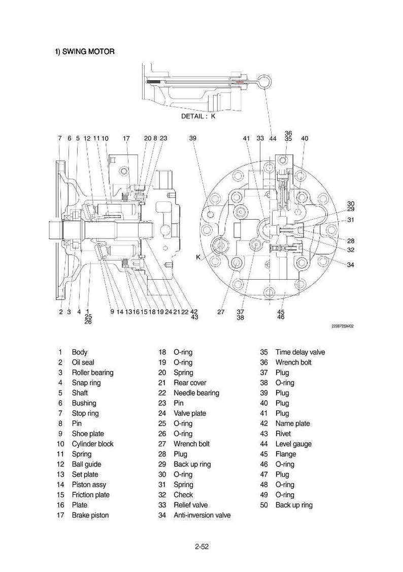 May include: Detailed diagram of a swing motor, labeled with various components. Includes parts like the body, oil seal, roller bearing, and spring. Features a detailed view with numbered parts and a key.