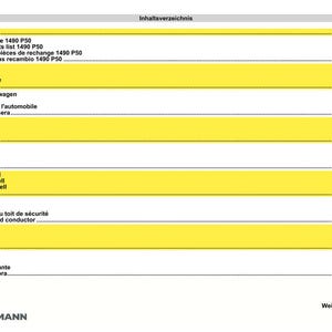 May include: A page from a Weidemann 1490 P50 parts list, featuring a table of contents in multiple languages. The table has yellow highlighted rows with text such as "Content Spare parts list", "Service kit", and "Bonnet". The Weidemann logo is at the bottom.