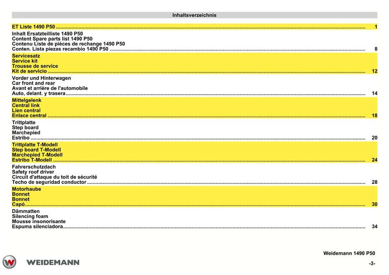May include: A page from a Weidemann 1490 P50 parts list, featuring a table of contents in multiple languages. The table has yellow highlighted rows with text such as "Content Spare parts list", "Service kit", and "Bonnet". The Weidemann logo is at the bottom.