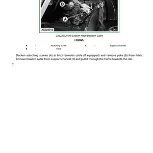 Op de afbeelding: Zwart-wit technische tekening van een mechanisch onderdeel met de letters A, B en C. De tekst "ZX022012-UN: Loosen Hitch Bowden Cable" en instructies voor het losmaken van de Bowdenkabel zijn inbegrepen.