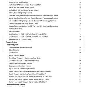 May include: A detailed table of contents from a manual, listing topics such as Gear Oil, Vacuum System, and Central Commodity System. The text is in black font on a white background, with page numbers on the right.