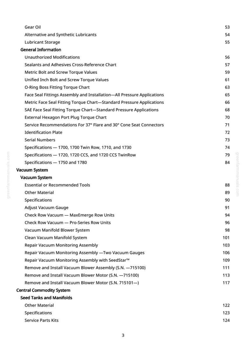 May include: A detailed table of contents from a manual, listing topics such as Gear Oil, Vacuum System, and Central Commodity System. The text is in black font on a white background, with page numbers on the right.