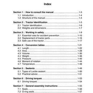 May include: A manual page titled "Chapter 1: Introduction" with an index. Sections include "How to consult the manual," "Tractor identification," "Working in safety," and "Conversion tables." The page number is 1-1.