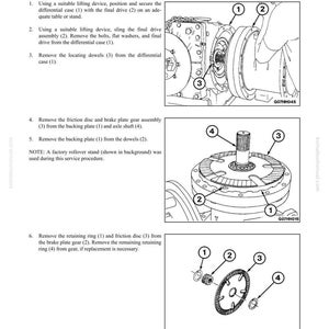 May include: Diagram of a final drive assembly with numbered components for disassembly and assembly instructions. Includes close-up views of parts like the differential case, bolts, and retaining rings. Text includes "DISASSEMBLY AND ASSEMBLY" and "FINAL DRIVE ASSEMBLY".