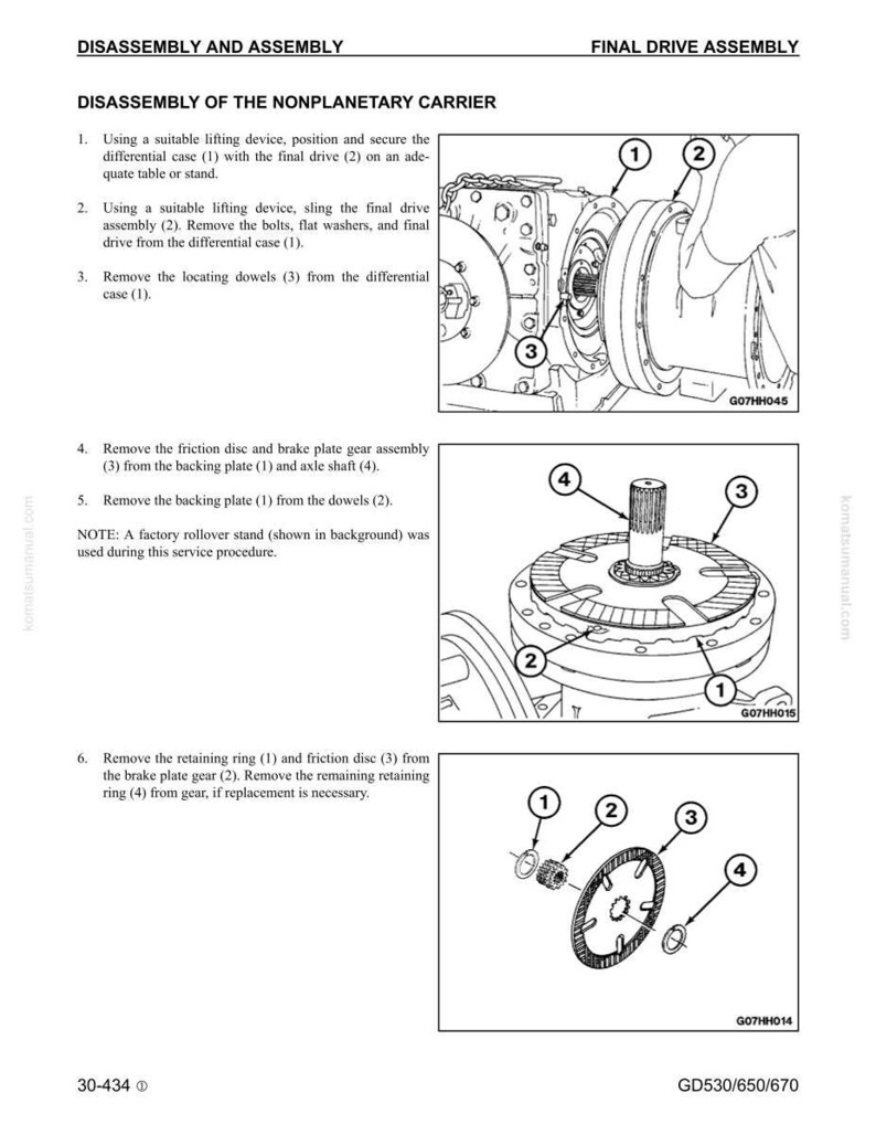 May include: Diagram of a final drive assembly with numbered components for disassembly and assembly instructions. Includes close-up views of parts like the differential case, bolts, and retaining rings. Text includes "DISASSEMBLY AND ASSEMBLY" and "FINAL DRIVE ASSEMBLY".
