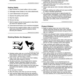 May include: A safety manual page with instructions for lawn mower operation. Text includes safety guidelines for parking, blade operation, and protecting children. Warnings about potential injuries are also present.