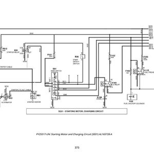 Puede incluir: Diagrama esquem&aacute;tico en blanco y negro de un motor de arranque y un circuito de carga. El diagrama incluye etiquetas para componentes como la bater&iacute;a, el motor de arranque y varios rel&eacute;s y fusibles. El texto en la parte inferior dice "Starting Motor and Charging Circuit".