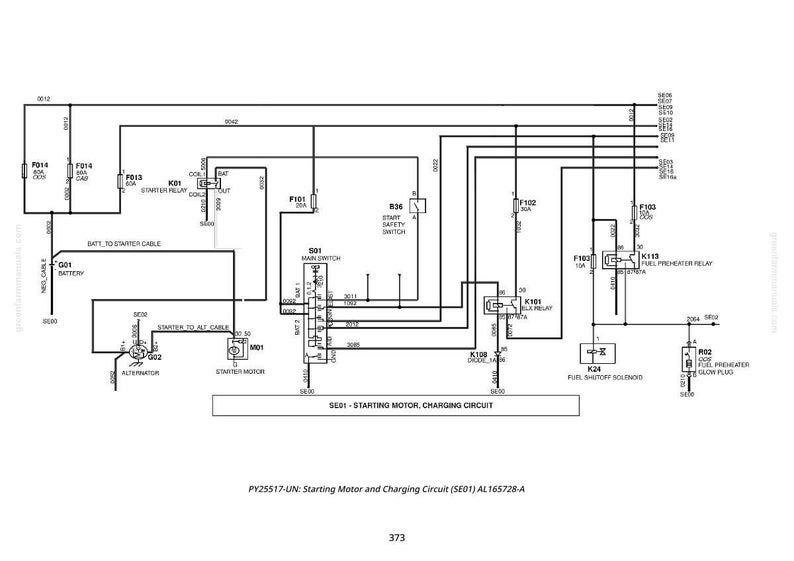 Puede incluir: Diagrama esquem&aacute;tico en blanco y negro de un motor de arranque y un circuito de carga. El diagrama incluye etiquetas para componentes como la bater&iacute;a, el motor de arranque y varios rel&eacute;s y fusibles. El texto en la parte inferior dice "Starting Motor and Charging Circuit".