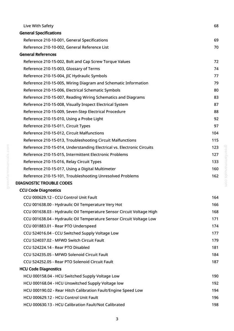 May include: A manual page detailing general and diagnostic specifications, including electrical and hydraulic system references. The text, titled "Live With Safety", lists various fault codes and descriptions, with reference numbers and page numbers.