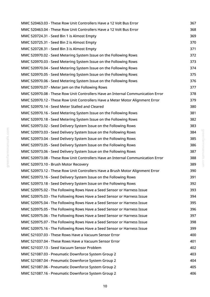 May include: A printed page from a manual, listing various error codes and issues related to agricultural machinery. The text includes codes for seed metering, delivery, and sensor problems, along with other mechanical issues.