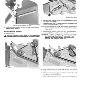 Puede incluir: Diagrama de montaje de la plataforma de corte, con instrucciones e ilustraciones detalladas. Muestra c&oacute;mo instalar la polea doble, quitar la correa de la plataforma de corte y apretar la tuerca del husillo. Incluye advertencias de seguridad.