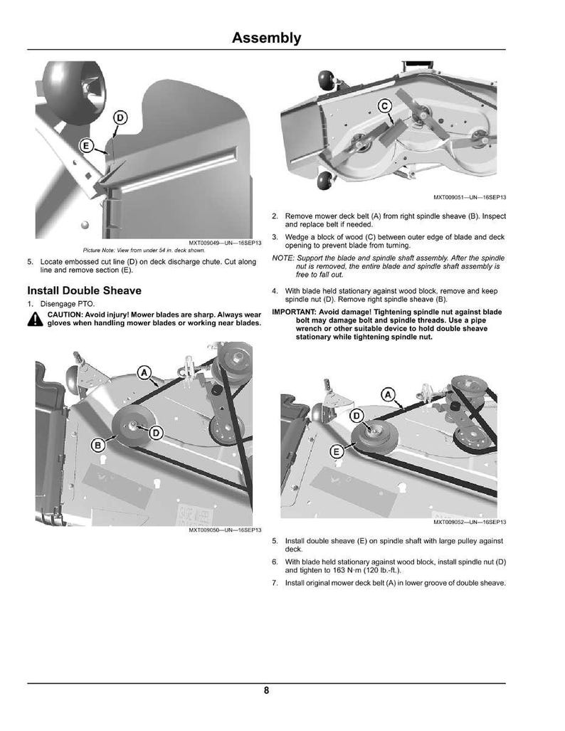 Puede incluir: Diagrama de montaje de la plataforma de corte, con instrucciones e ilustraciones detalladas. Muestra c&oacute;mo instalar la polea doble, quitar la correa de la plataforma de corte y apretar la tuerca del husillo. Incluye advertencias de seguridad.