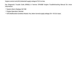 May include: A white page with black text detailing a power supply voltage error. The text includes the error code (P0562), system alarm displays, and engine operation status. The page also mentions the engine control unit (ECU).