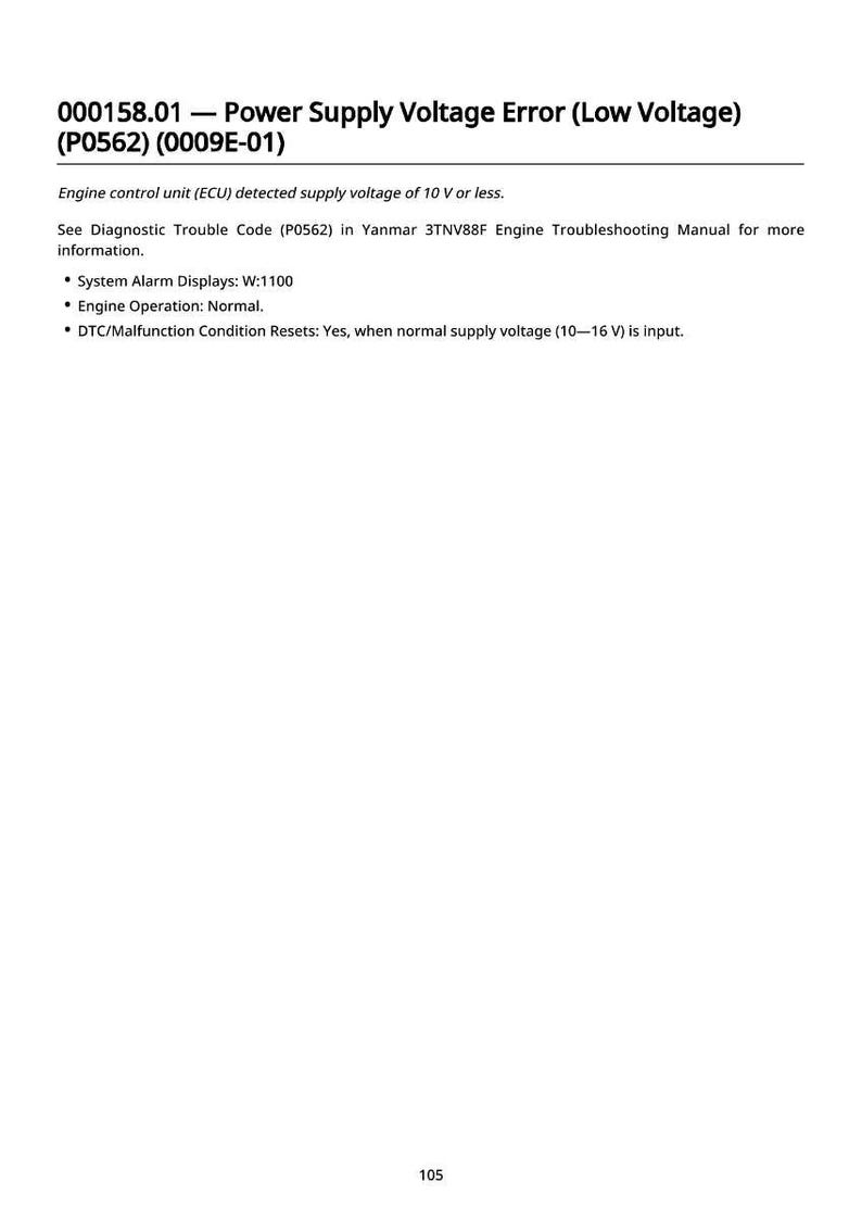 May include: A white page with black text detailing a power supply voltage error. The text includes the error code (P0562), system alarm displays, and engine operation status. The page also mentions the engine control unit (ECU).