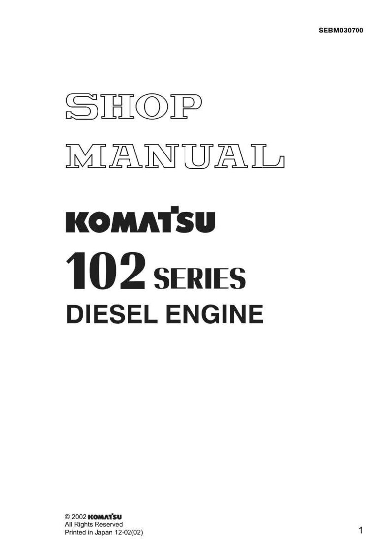 Pode incluir: Uma p&aacute;gina branca com o texto "SHOP MANUAL" em negrito e contornado. Abaixo, a marca "KOMATSU" &eacute; exibida, seguida de "102 SERIES DIESEL ENGINE". O documento est&aacute; rotulado como "SEBM030700".