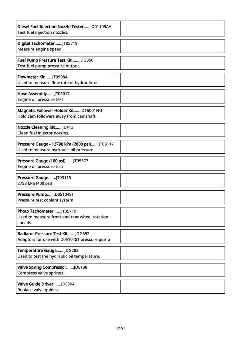 May include: A white table of text lists various automotive testing tools and their functions. The tools include a digital tachometer, fuel pump pressure test kit, flowmeter kit, and pressure gauges. The text is in black font.