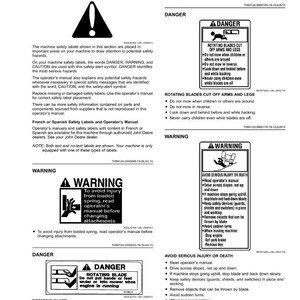 Puede incluir: Una p&aacute;gina de manual con etiquetas y advertencias de seguridad. Las etiquetas incluyen advertencias de peligro sobre cuchillas giratorias y lesiones por resortes cargados. El texto proporciona orientaci&oacute;n sobre el funcionamiento seguro del cortac&eacute;spedes.