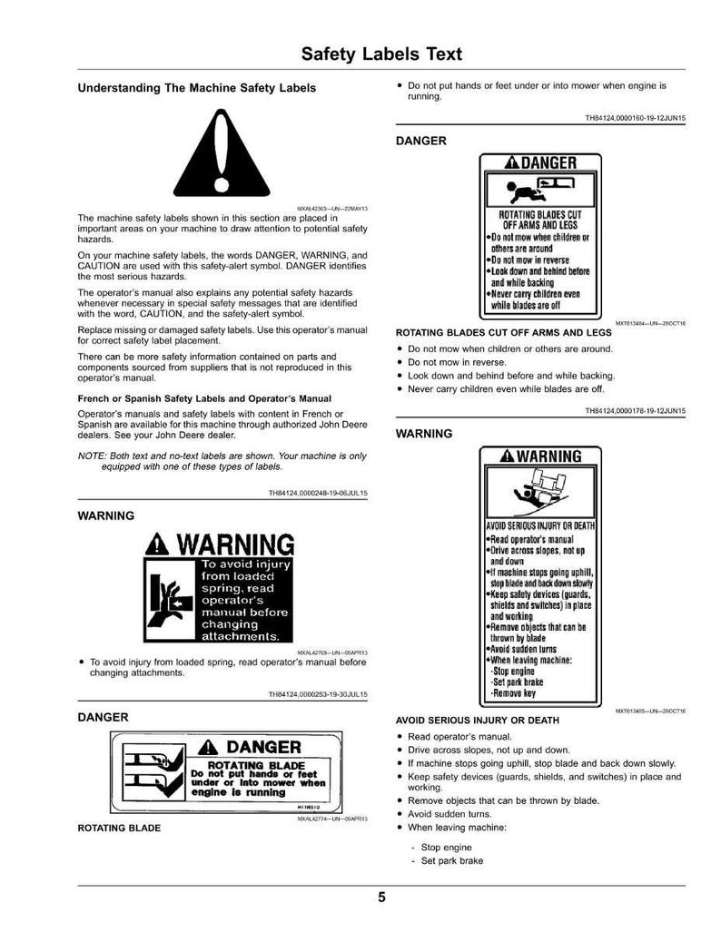 Puede incluir: Una p&aacute;gina de manual con etiquetas y advertencias de seguridad. Las etiquetas incluyen advertencias de peligro sobre cuchillas giratorias y lesiones por resortes cargados. El texto proporciona orientaci&oacute;n sobre el funcionamiento seguro del cortac&eacute;spedes.