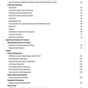 May include: A manual page with a detailed table of contents. Sections cover fuels, lubricants, engine operation, and adjustments. Page numbers are listed on the right-hand side.