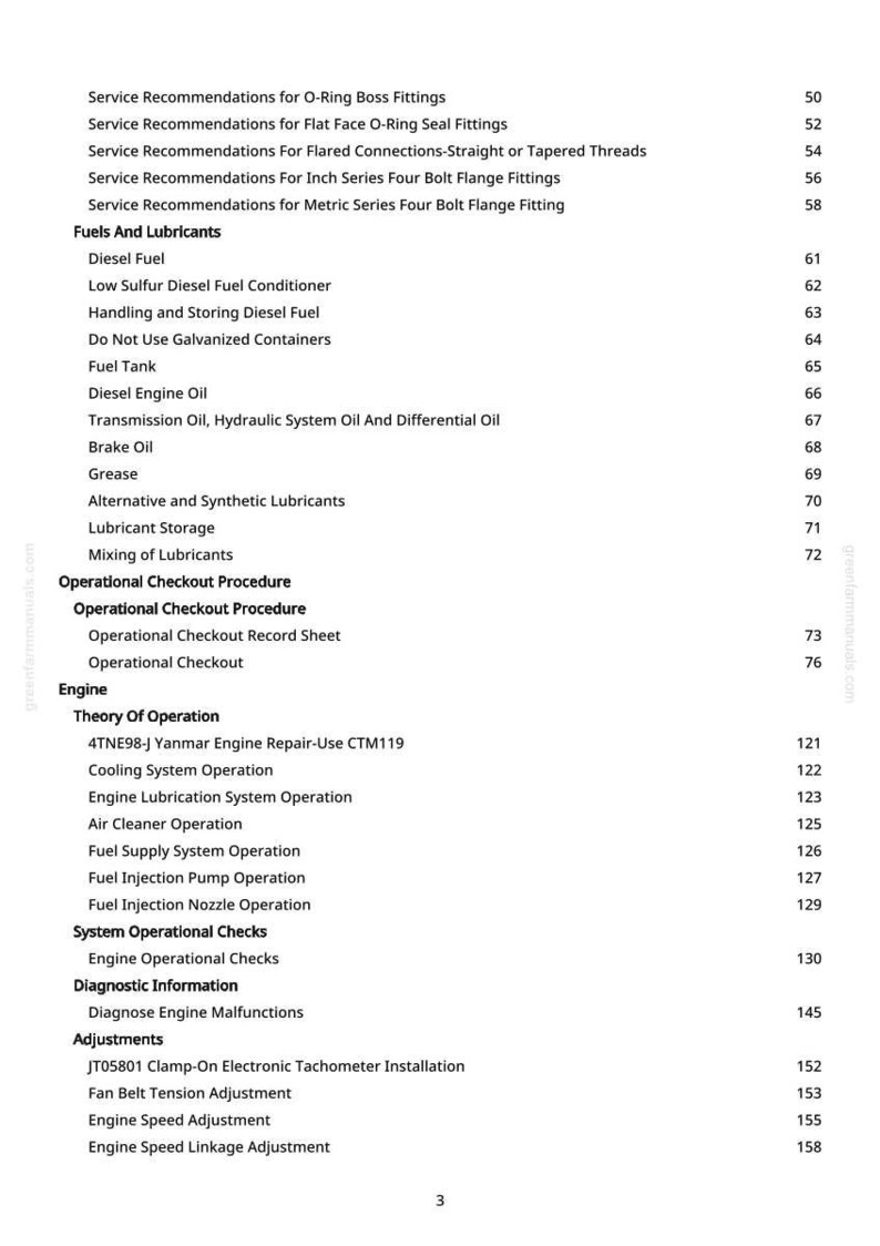 May include: A manual page with a detailed table of contents. Sections cover fuels, lubricants, engine operation, and adjustments. Page numbers are listed on the right-hand side.