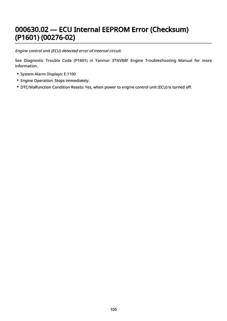 May include: A white page with black text detailing an ECU Internal EEPROM Error. The text includes the error code, a description of the error, and troubleshooting information. The page also lists system alarm displays and engine operation details.