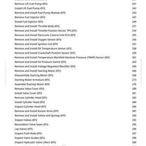 May include: A page from a manual with a list of automotive repair procedures, including removing and installing various engine components. The text is in black font on a white background, with page numbers on the right.