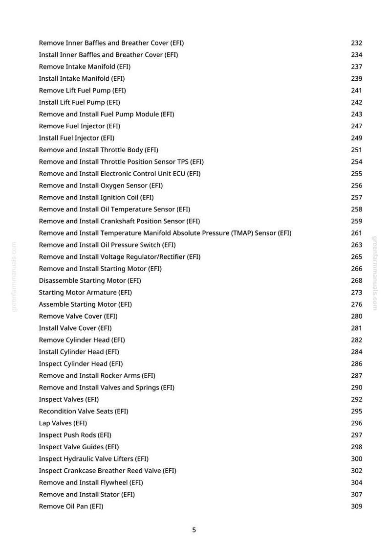 May include: A page from a manual with a list of automotive repair procedures, including removing and installing various engine components. The text is in black font on a white background, with page numbers on the right.