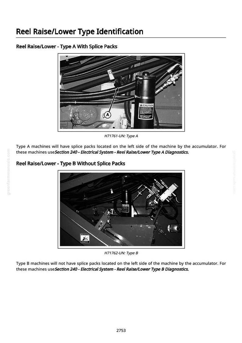 May include: Diagram illustrating Reel Raise/Lower Type Identification. The image shows two detailed diagrams of machinery components, labeled Type A and Type B, with accompanying text. The diagrams include labels and arrows pointing to specific parts.