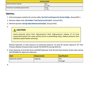 Puede incluir: P&aacute;gina de un manual titulada "Travel Gear Case Remove and Install". Incluye especificaciones para la capacidad del sistema hidr&aacute;ulico (39 L) y el peso de la caja de engranajes de desplazamiento (53 kg). La p&aacute;gina detalla los pasos de extracci&oacute;n y una precauci&oacute;n.