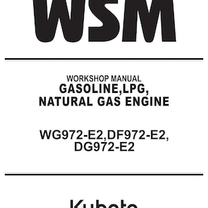 May include: A white document with the bold black letters "WSM" at the top. Below, the text reads "WORKSHOP MANUAL GASOLINE, LPG, NATURAL GAS ENGINE". The Kubota logo is at the bottom.