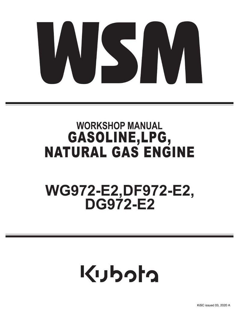 May include: A white document with the bold black letters "WSM" at the top. Below, the text reads "WORKSHOP MANUAL GASOLINE, LPG, NATURAL GAS ENGINE". The Kubota logo is at the bottom.