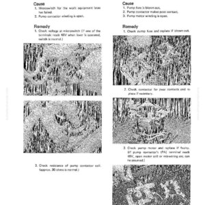 May include: A troubleshooting guide for a battery forklift, with text detailing problems, causes, and remedies. The guide includes diagrams and instructions for diagnosing and fixing issues related to the pump contactor.