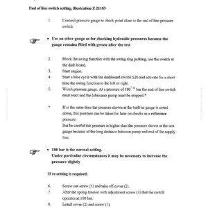 May include: A technical document from Komatsu Mining Germany, detailing adjustments for a pinion type system with a hydraulic pump. The page includes instructions for end-of-line switch settings, with diagrams and specifications.