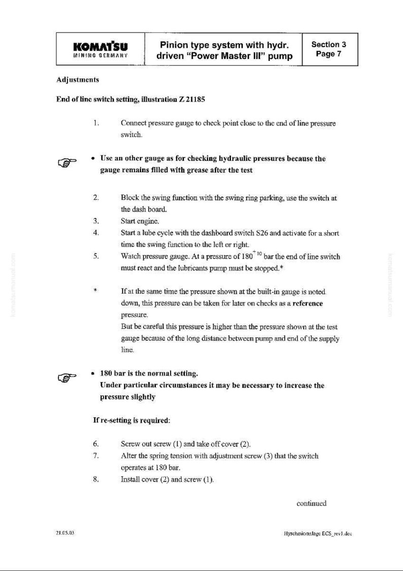May include: A technical document from Komatsu Mining Germany, detailing adjustments for a pinion type system with a hydraulic pump. The page includes instructions for end-of-line switch settings, with diagrams and specifications.