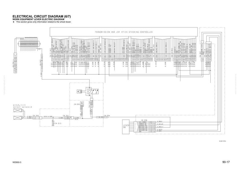May include: An electrical circuit diagram labeled "ELECTRICAL CIRCUIT DIAGRAM (6/7)" and "WORK EQUIPMENT LEVER ELECTRIC DIAGRAM". The diagram is a detailed schematic with numerous lines, boxes, and text labels, likely for a machine or vehicle.