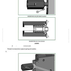 May include: Technical diagrams showing mechanical components. The diagrams include cross-sections and assembly views, with labels and text descriptions. The image includes the text "RXA0097455-UN: JDG10665 Installed", "RXA0097458-UN: Cross Section", and "RXA0097457-UN: Removing Centering Spring".