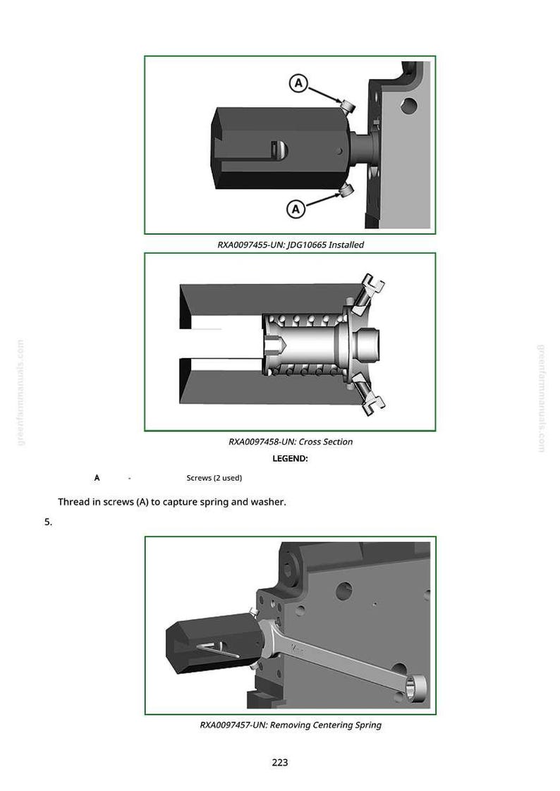 May include: Technical diagrams showing mechanical components. The diagrams include cross-sections and assembly views, with labels and text descriptions. The image includes the text "RXA0097455-UN: JDG10665 Installed", "RXA0097458-UN: Cross Section", and "RXA0097457-UN: Removing Centering Spring".