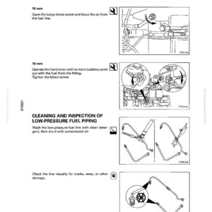 May include: Diagram of fuel piping disassembly and assembly instructions. Includes steps for bleeding air from the fuel line, operating a hand lever, cleaning, and inspecting the low-pressure fuel piping. The text includes measurements in millimeters.