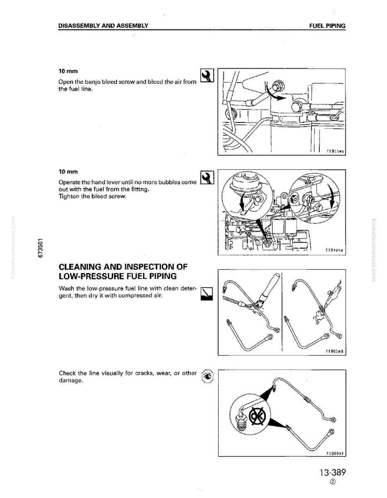 May include: Diagram of fuel piping disassembly and assembly instructions. Includes steps for bleeding air from the fuel line, operating a hand lever, cleaning, and inspecting the low-pressure fuel piping. The text includes measurements in millimeters.