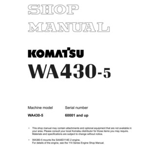 K&ouml;nnte beinhalten: Ein wei&szlig;es Werkstatthandbuch mit dem Text "SHOP MANUAL" in fetter, umrandeter Schrift. Das Komatsu-Logo und "WA430-5" sind deutlich sichtbar. Enth&auml;lt Informationen zu Maschinenmodell und Seriennummer.