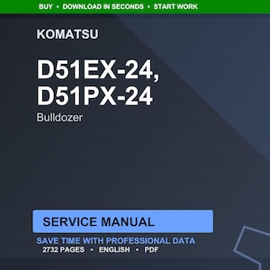 Puede incluir: Manual de servicio digital para excavadoras Komatsu D51EX-24 y D51PX-24. El t&iacute;tulo est&aacute; en texto blanco grande, con el logotipo de Komatsu en la parte superior. El manual est&aacute; etiquetado como "Manual de servicio" y contiene 2732 p&aacute;ginas.