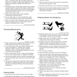 May include: A safety manual page with text and diagrams. The page covers mower safety, including pre-operation checks, blade hazards, and parking instructions. It features warnings about rotating blades and safe mowing practices.