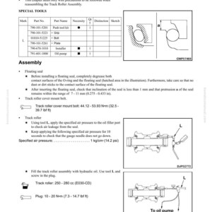 May include: A technical diagram from a Komatsu manual detailing track roller disassembly and assembly. It includes diagrams, part numbers, and instructions for maintenance, with measurements in inches and pounds.