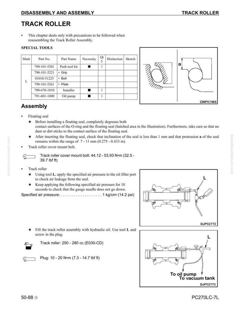 May include: A technical diagram from a Komatsu manual detailing track roller disassembly and assembly. It includes diagrams, part numbers, and instructions for maintenance, with measurements in inches and pounds.