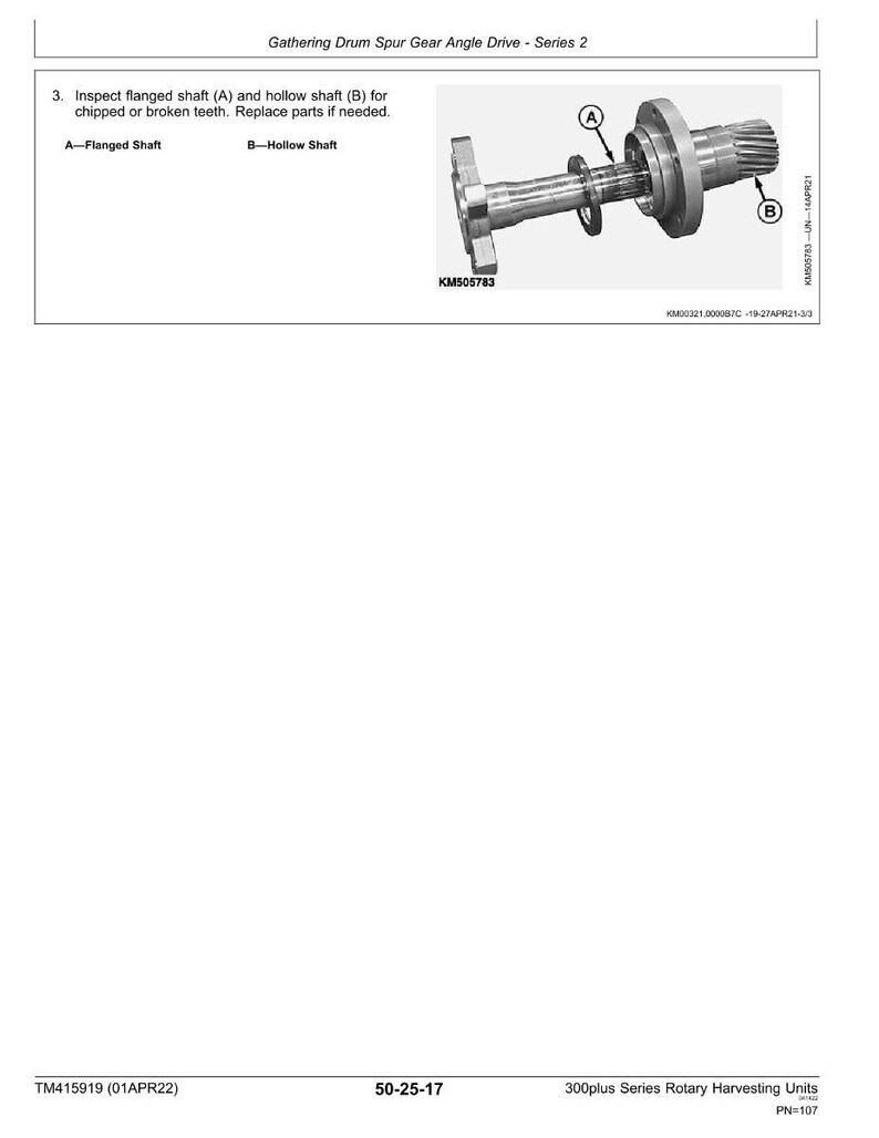 May include: Diagram of a flanged shaft (A) and hollow shaft (B) from a Gathering Drum Spur Gear Angle Drive. The image includes text instructions to inspect for chipped or broken teeth and replace parts as needed. The part number is KM505783.