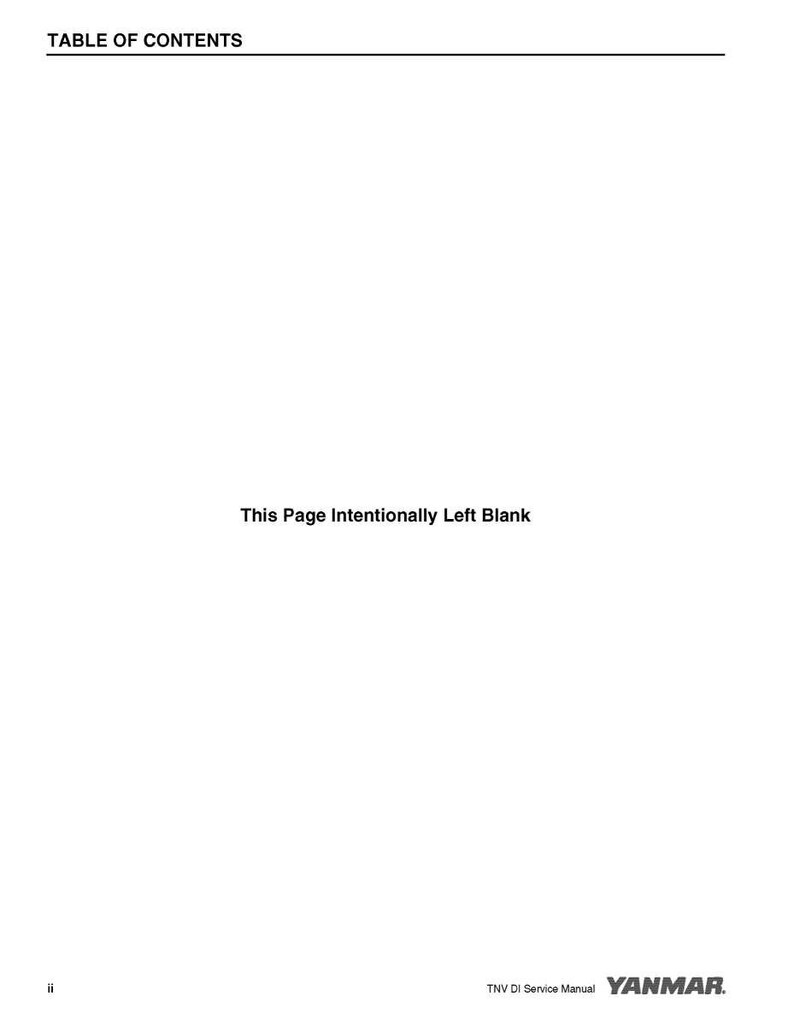 Pode incluir: Uma p&aacute;gina branca de um manual com o texto "TABLE OF CONTENTS" no topo e "This Page Intentionally Left Blank" no centro. O canto inferior direito exibe o logotipo "YANMAR" e "TNV DI Service Manual".
